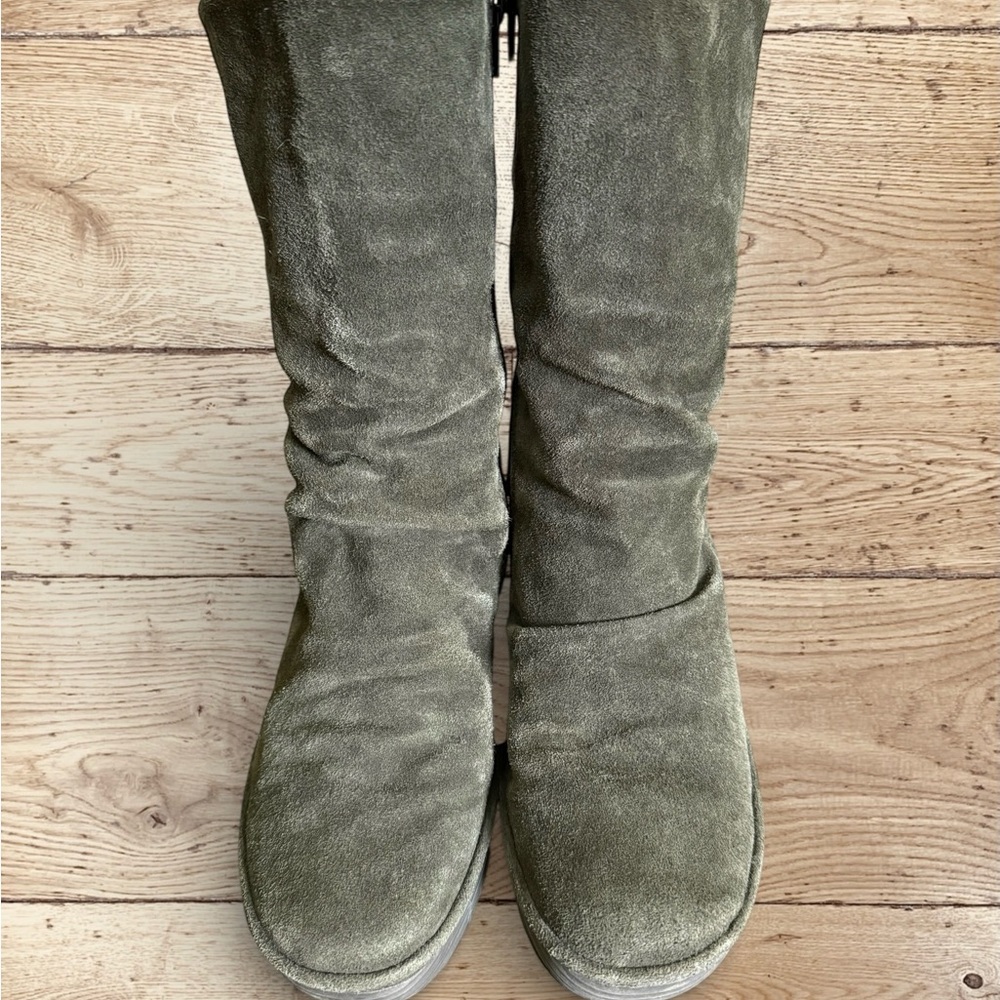 Fly London “Yada” Olive Suede Mid-Calf Corset Back Wedge Boots